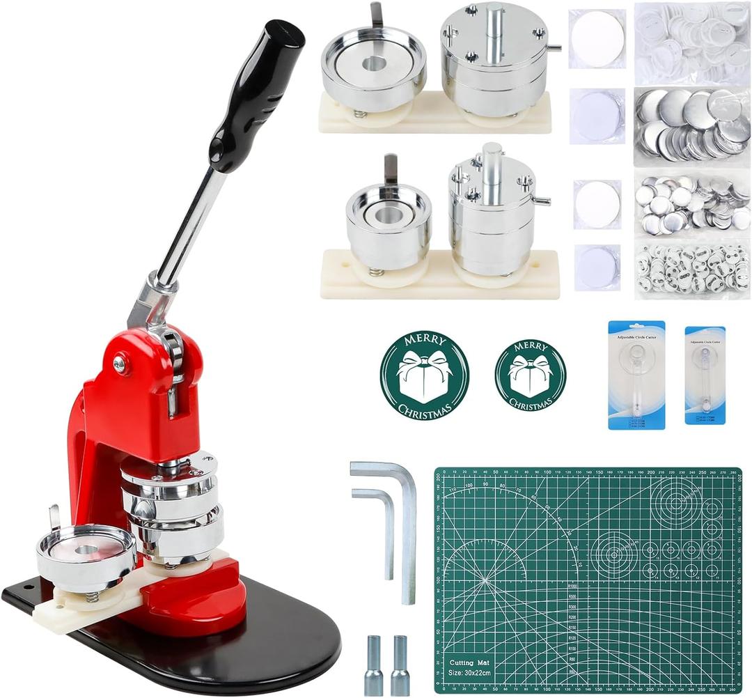 Happizza Button Maker Machine - Multiple Sizes, Button Pin Maker 1.25+2.25 inch, Interchangeable Button-models Badge Button Press Machine with 200 Sets Button Maker Supplies &Circle Cutter & Cutting Mat