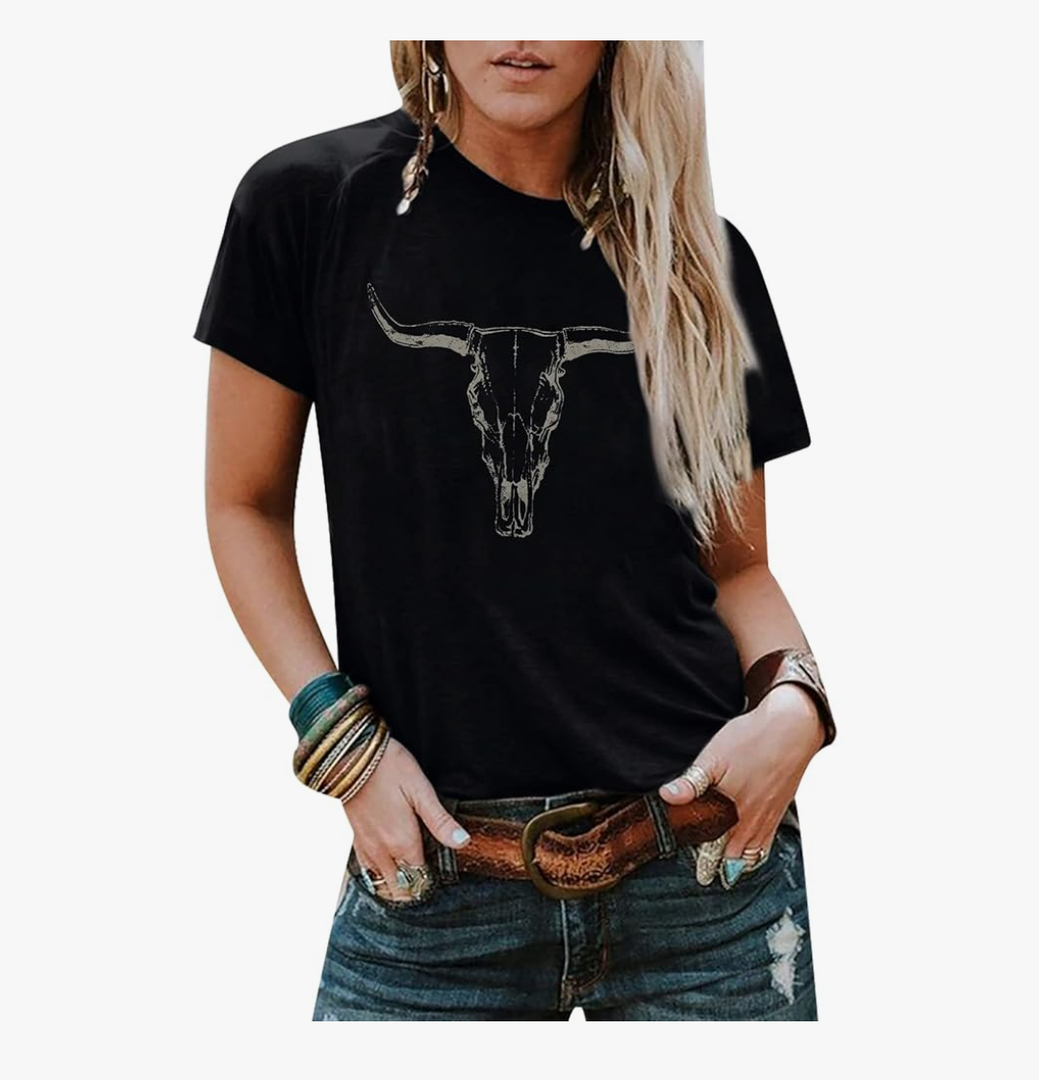 Boho Cow Skull Shirt Women Cowgirl t Shirt Vintage Western Rodeo Graphic Tee Short Sleeve Bull Skull Casual Top 2XL