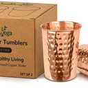 HealthAndYoga qCup Pure Copper Tumblers for Drinking - Ayurvedic Health Pure Copper Cups  2 pcs. set - 250 ml.(8 fl oz) (Hammered)