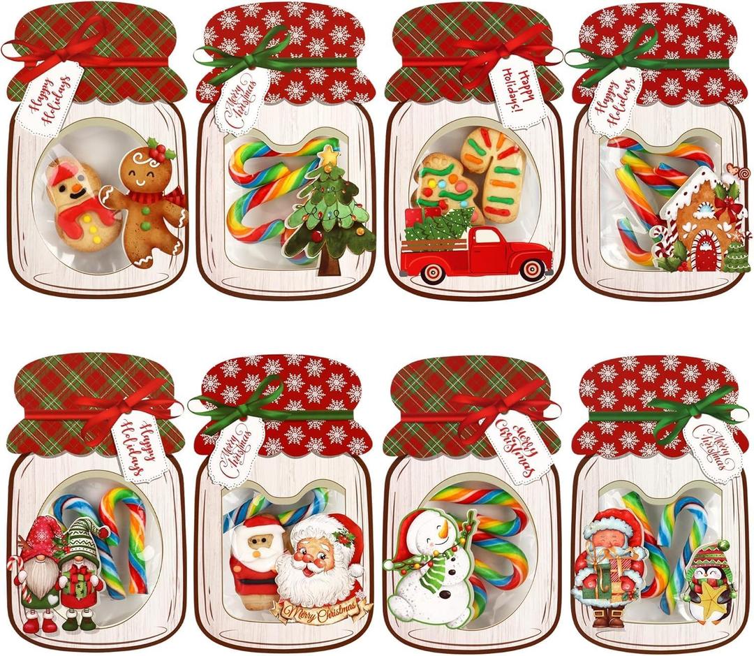 Giiffu 48-Pack Christmas Mason Jar Cards with 50 Clear Treat Bags - DIY Xmas Goodie Bags for Stocking Stuffers, Kids Christmas Party Favors Supplies, Holidays Classroom Prizes, Exchange Gift