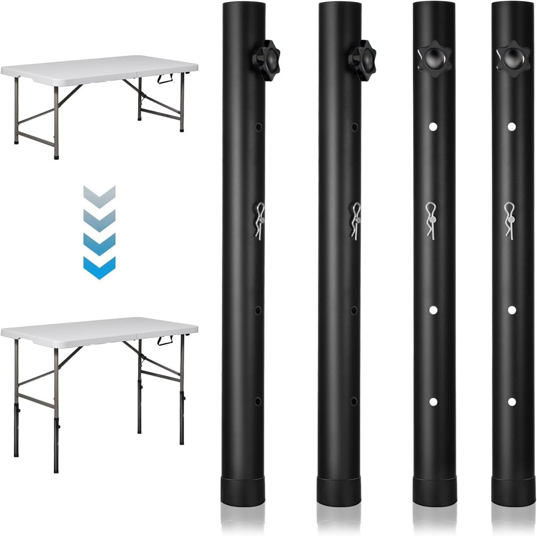 SHENLIU 4-Pack Table Leg Extenders for Folding Tables, 4 Levels Heights Adjustable Heavy Duty Steel Folding Table Leg Risers Improves Back Pain Metal Extenders for Bent/Straight Legs