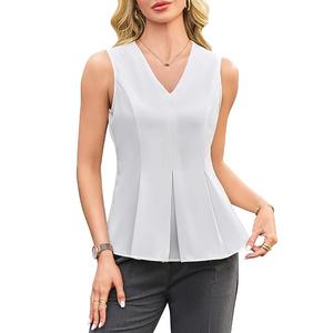 Blooming Jelly Womens Business Casual Tank Tops V Neck Pleated Peplum Sleeveless Dressy Blouse Summer Trendy Work Shirt, Small, White