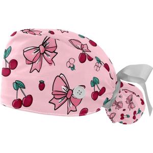 2 Pieces Women Scrub Caps Hearts and Bows Adjustable Working Cap with Buttons and Sweatband Surgical Hat