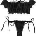 Lilosy Sexy Stretch Ruffle Tie Sheer Mesh Lingerie Set Outfits Size M