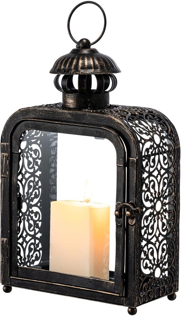 DECORKEY Candle Lantern Decorative Indoor & Outdoor, Vintage Metal Lanterns with Clear Glass, Tabletop&Hanging Candle Holders for Patio Front Porch Home Decor, Christmas Decorations (Bronze)