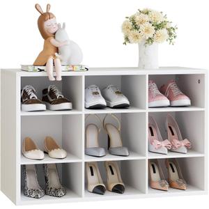 Garden 4 you Shoe Storage Bench, Cubby Shoe Rack with 9 Cubbies, 3-Tier Wood Shoe Rack Organizer, Shoe Organizer Cabinet for Entryway, Hallway, Closet and Garage, White