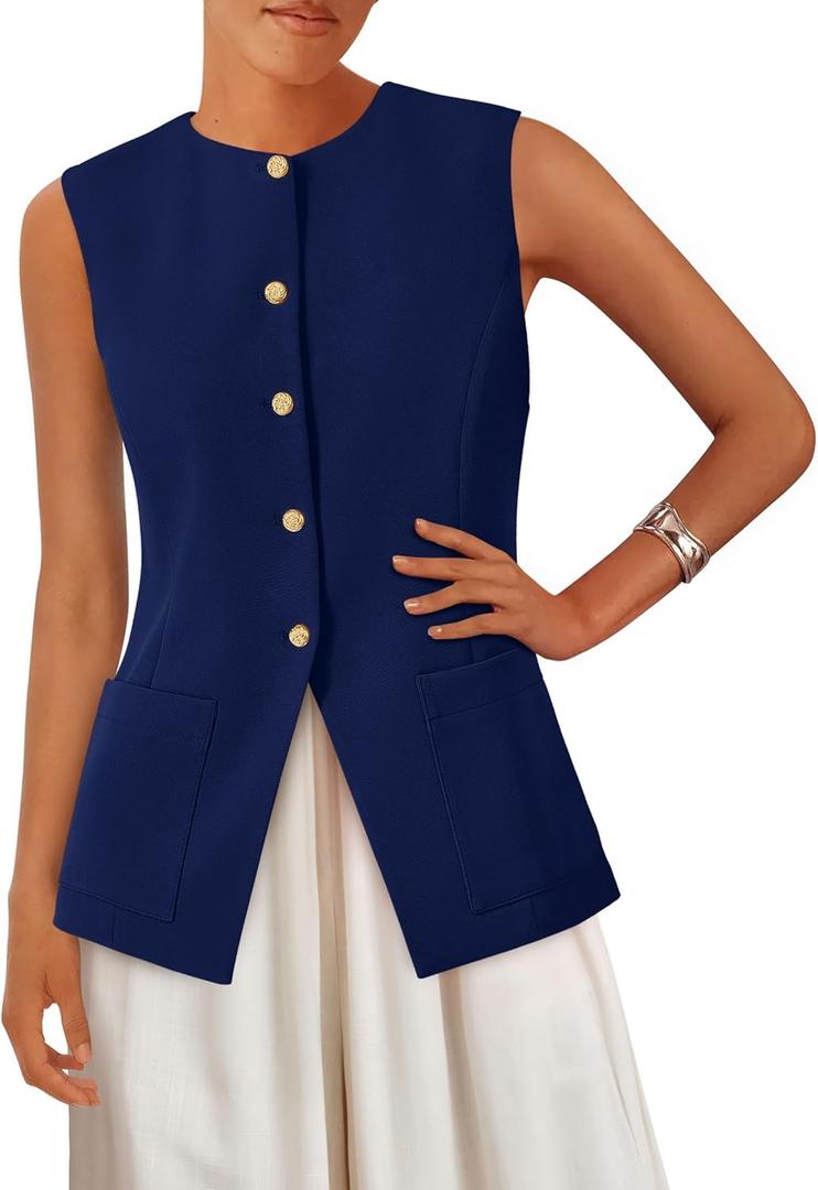 PRETTYGARDEN Blazer Vest Tops for Women Sleeveless Button Down Business Casual Outfits Work Suit Vests Waistcoat (Blue, M)