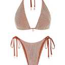 ZAFUL Women's Triangle Bikini Multiway Fishnet Tie Side Bandeau Halter String Bikini Set Two Piece Swimsuit Bathing Suits (1-Coffee, M-Medium)