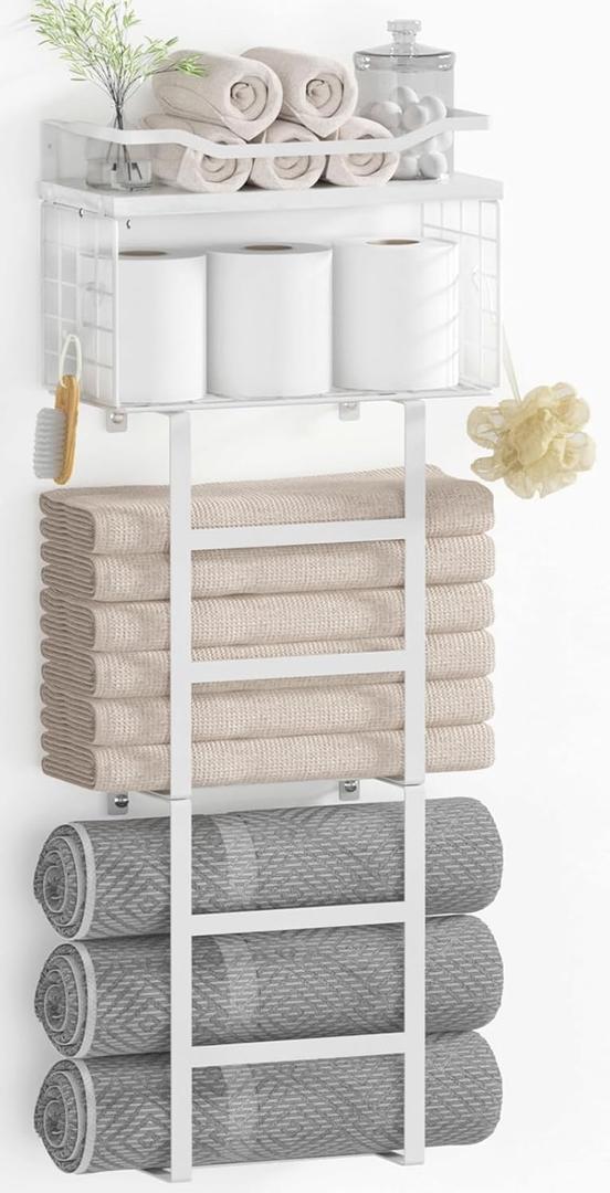 Towel Racks for Bathroom Wall Mounted, 4 tire Bath Towel Storage - with 2 Pack Towel Shelf and Floating Shelves Over Toilet, Rolled Towel Holder Shelf Organizer, Sturdy Metal & Wood, 34inch, White