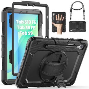 SEYMAC for Samsung Galaxy Tab S10 FE/ S9 FE/ S9 5G Case (10.9''/11''), Heavy Duty Shockproof Protective Case with Screen Protector, Rotating Stand, Hand Strap and Pen Holder, Black