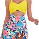 ZAFUL Women One Piece Swimdress Tummy Control Bathing Suit Push Up Swimsuit Modest Swimwear Cutout V Neck Cute Tie Knot Skirt Large, Yellow Floral  