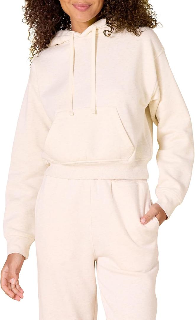 Amazon Essentials Women's Crop Pullover Hoodie Sweatshirt with Kangaroo Pocket (Large, Oatmeal Heather)