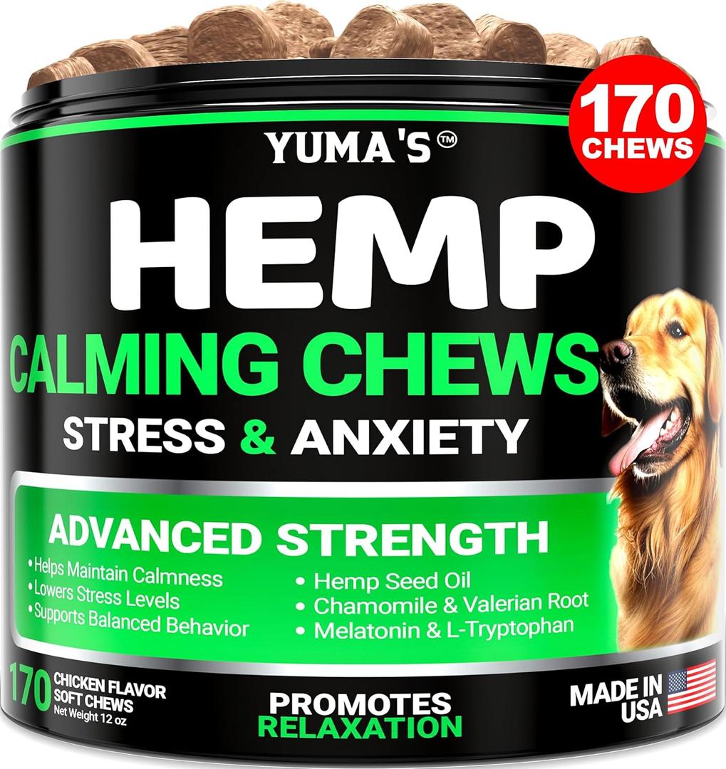 YUMA'S Hemp Calming Chews for Dogs - Advanced Dog Calming Chews - 170 Chews - Anxiety Relief Treats - Separation Aid, Barking, Stress Relief, Thunderstorms - Melatonin - Hemp Oil - Made in USA, BBD 08/2026
