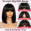 ZHENGON Bob Wig Human Hair with Bangs 200 Density Glueless Wigs Ready to Wear Beginner Friendly 3x1 HD Straight Lace Closure Wigs for Women Natural Black 10 Inch
