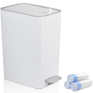 Rejomiik Small Bathroom Trash Can with Lid, 3.2 Gallon Step Garbage Can with Handle, Slim Mini Wastebasket Bin for Bedroom, Office, Dorm, White