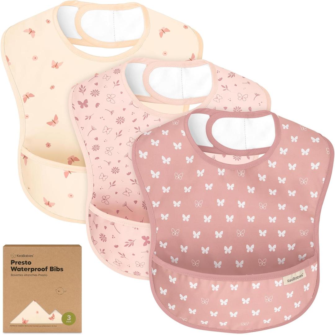 3Pack Waterproof Baby Bibs for Eating  Lightweight Toddler Feeding Bibs with Large Food Catcher, Mess Proof, FoodGrade Baby Eating Essentials, Easy to Put On & Clean (Butterflies)