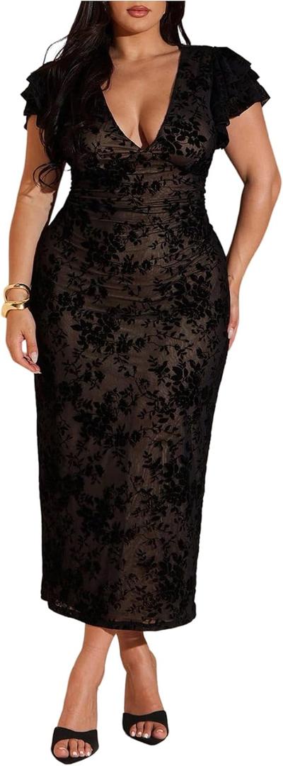 BEAUDRM Women's Plus Size Cocktail Floral Maxi Dress Deep V Ruffle Short Sleeve Bodycon Mesh Wedding Guest Party Dresses (Black, XL)