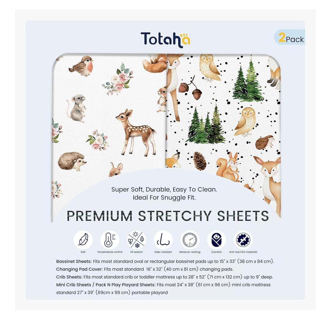 TotAha Crib Sheets for Boys Girls, Premium Soft Crib Mattress Fitted Sheet, Super Stretchy Jersey Knit Baby Sheets, Silky Comfort Baby Bed Sheets 28x52x9 Extra Deep Pocket, 2 Pack (Forest Animals)