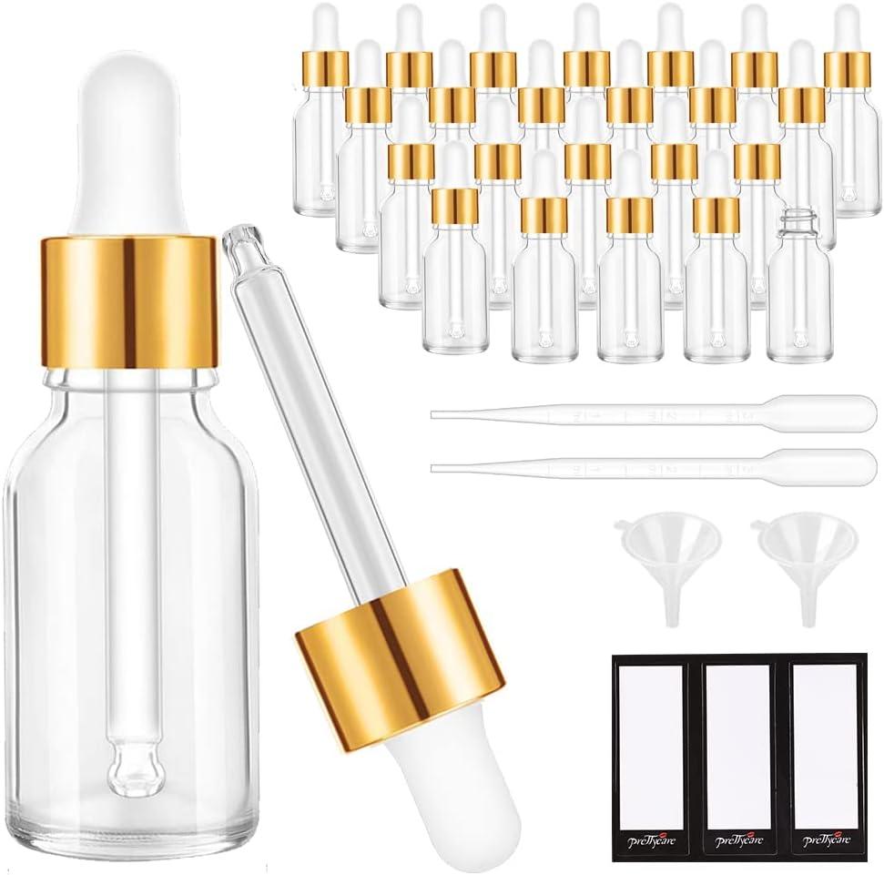 PrettyCare Glass Eye Dropper Bottles 24 Pack, 0.5oz (15ml) Clear Empty Thick Bottles Bulk with Leakproof Golden Caps - With Labels & Funnels for Storage, Travel, Essential Oils, Cuticle, Tinctures
