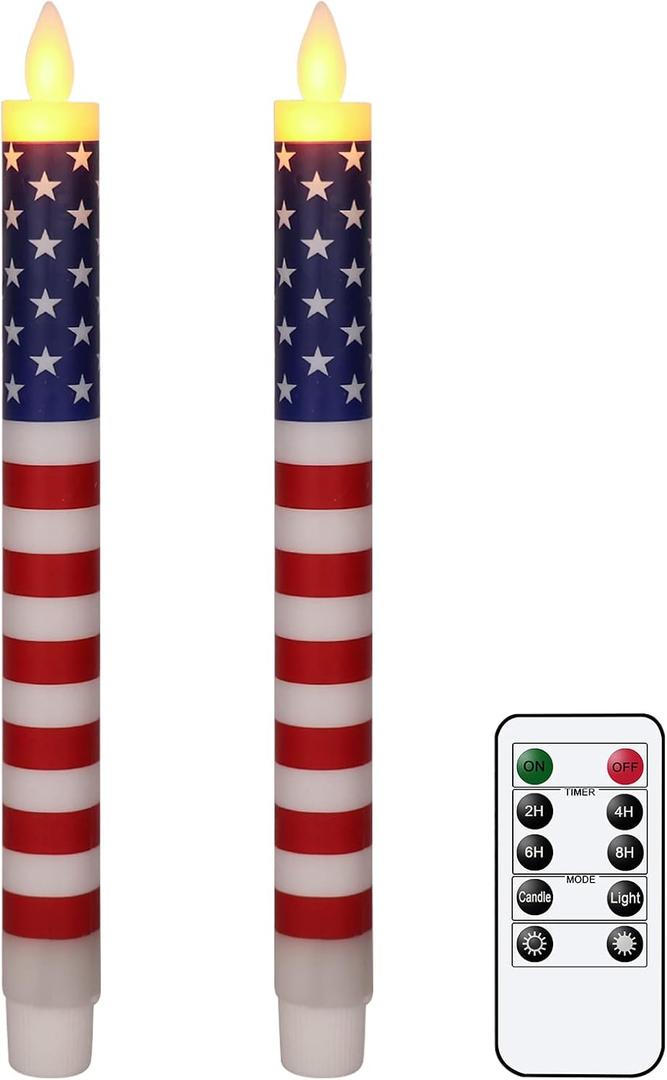 Wondise Patriotic Flameless Taper Candles With Remote & Timer - Red White and Blue Battery Operated Real Wax LED Flag Candles for Independence Day Decoration