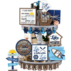 22 Pieces Summer Tiered Tray Decor Sets Farmhouse Hello Summer Wood Sign Rustic Beach Home Decor Summer Table Decorations Small Hawaiian Wooden Plaque for Shelf Kitchen Tabletop (Lake House Style)