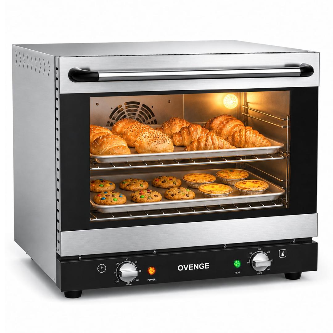 OVENGE Commercial Countertop Convection Oven 19QT 110V-120V, Quarter-Size Oven, 360° Even Hot Air Circulation, Precise Thermostat, 120-Min Auto-Shutoff Timer, 3 Racks, Double-Layer Glass Door