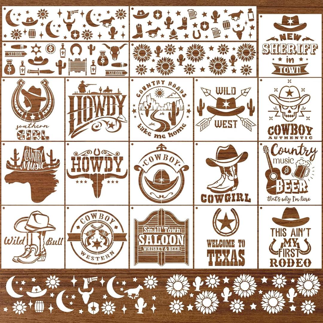 AFRITEE Western Cowboy Stencils for Painting - 20 Pieces Small Landscape Longhorn Skull Reusable Stencils for Painting on Wood, Country Music Beer Drawing Template DIY Home Wood Fence Rock Decoration