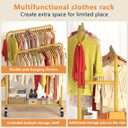 Laiensia Double Rods Garment Rack with Wheels, Clothing Rack for Hanging Clothes,4 Hooks, Multi-functional Bedroom Clothes Rack, Gold