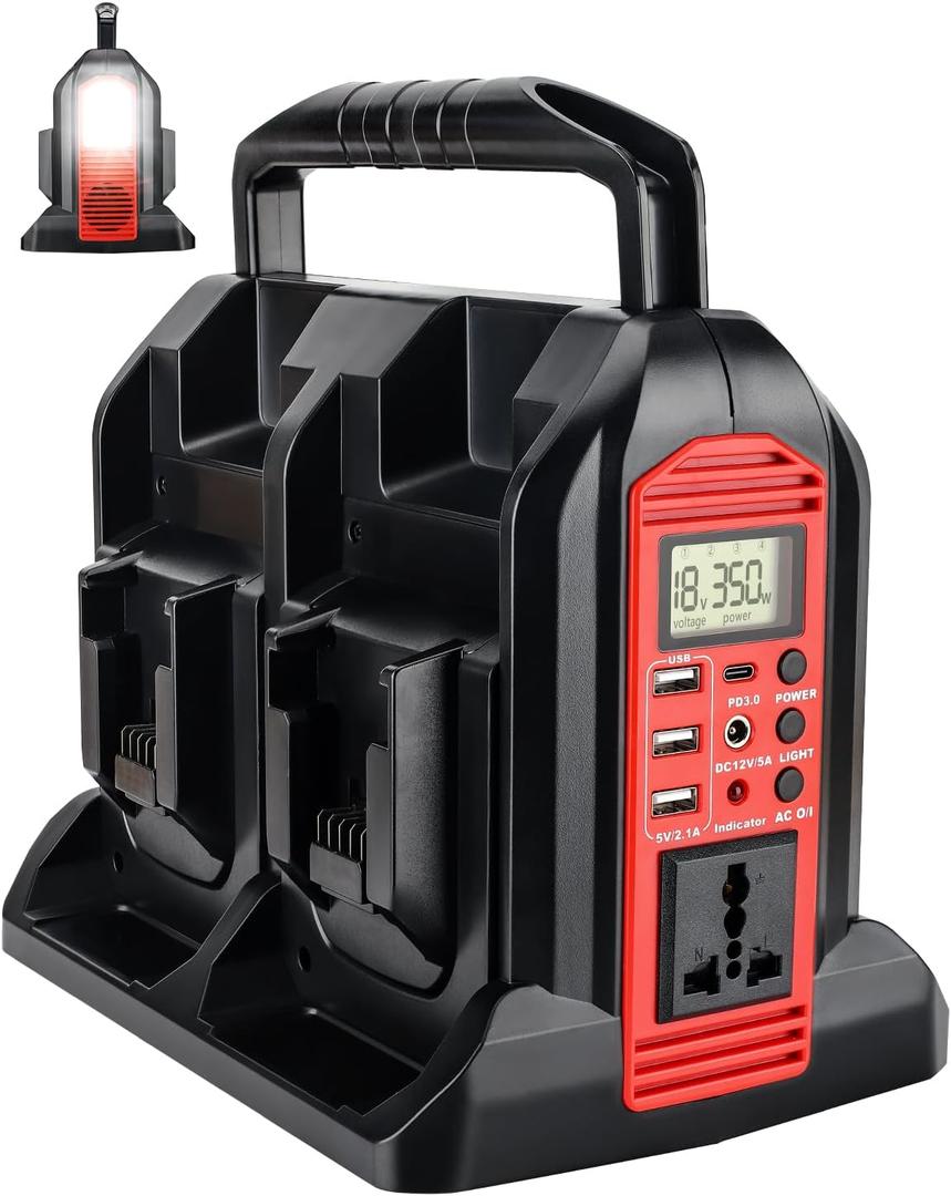 Taingwei 350W Power Inverter for Milwaukee M18 18V Battery, 4-Ports DC 18V to AC 110-120V Pure Sine Wave Battery Inverter with 3 USB-A Port, 1 USB-C Port,LED Light for Camping Emergency(Tool Only)