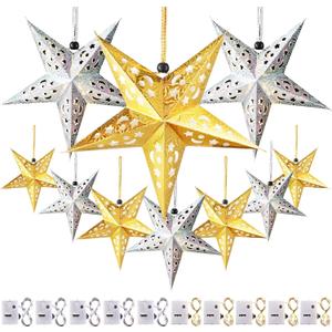 Zhanmai 10 Pcs Large 3D Paper Star Lantern with 10 LED Lights 11.8 Inch 5 Point Hollow Hanging Paper Star Lampshade Decoration Light Lanterns for Wedding Birthday New Year Party Home Decor (Gold, Silver)