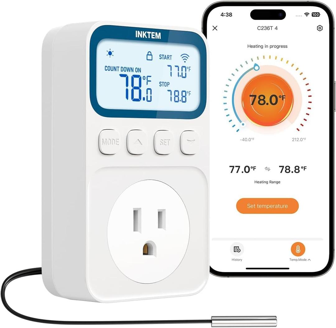 WiFi Plug in Thermostat Outlet, Temperature Controlled Outlet with Smart APP, Timer & Memory Digital Temp Controller -40~212, IP67 Waterproof Probe for Incubator Homebrew Reptile Space Heater