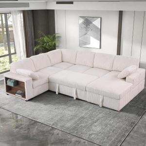 118 inch Oversized U Shaped Sectional Sleeper Sofa with Pull Out Couch Bed , Plush Corduroy Convertible Pullout Sofabed with Storage Chaise & Shelves,6 Seater Corner Couches for Living Room Office