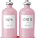 Olive Oil Dispenser Bottle for Kitchen, 16oz Glass Oil and Vinegar Dispenser Set with Wood Tray & 54 Labels - Coffee Syrup Dispenser - Pink Kitchen Decor and Accessories - Set of 2