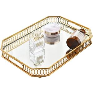 Perfume Vanity Mirror Tray - Durable Decorative Organizer for Dresser, Bedroom, Bathroom Countertops - Spacious 13.8x9.6x2.2 Inches, Scratch-Resistant - Gold