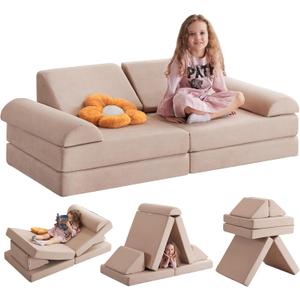 Kids Couch Play Couch Large, Miss Fabric Modular Foam Floor Sofa Soft Play Equipment, Convertible Sofa Bed and Playhouse (Beige)