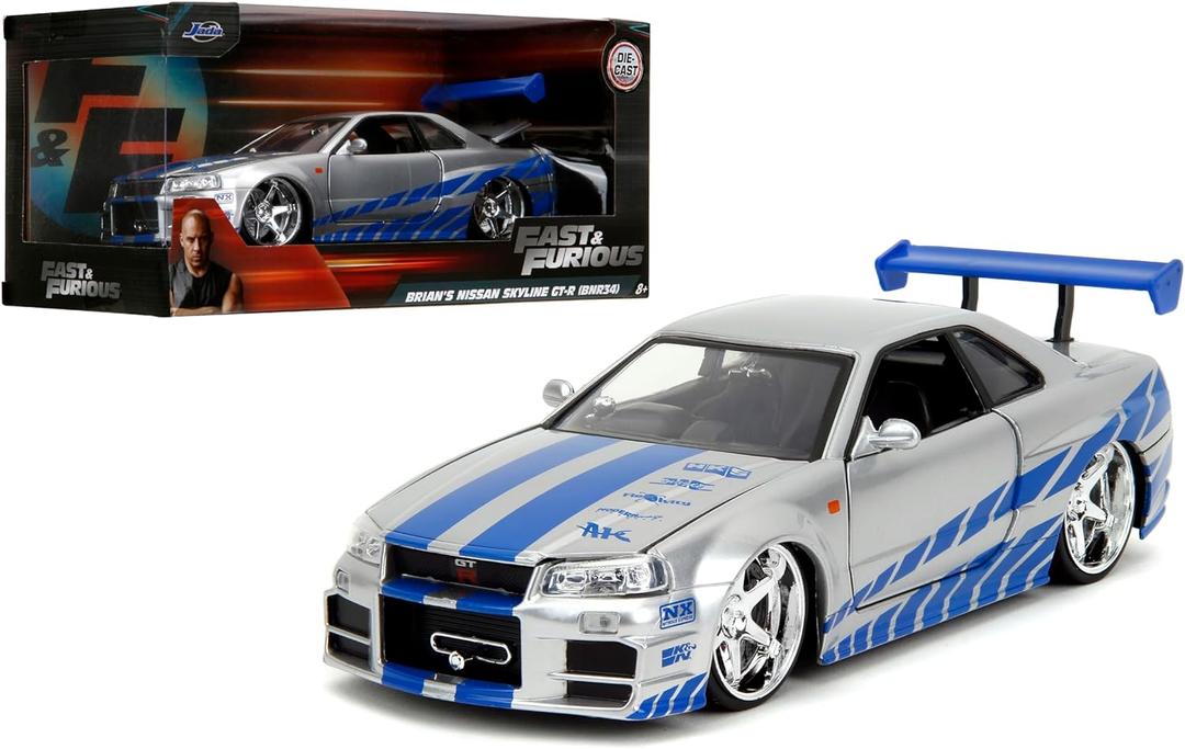 Jada Toys Fast & Furious Brians 2002 Nissan Skyline R34 Die-cast Car, 1:24 Scale, Silver & Blue,19808