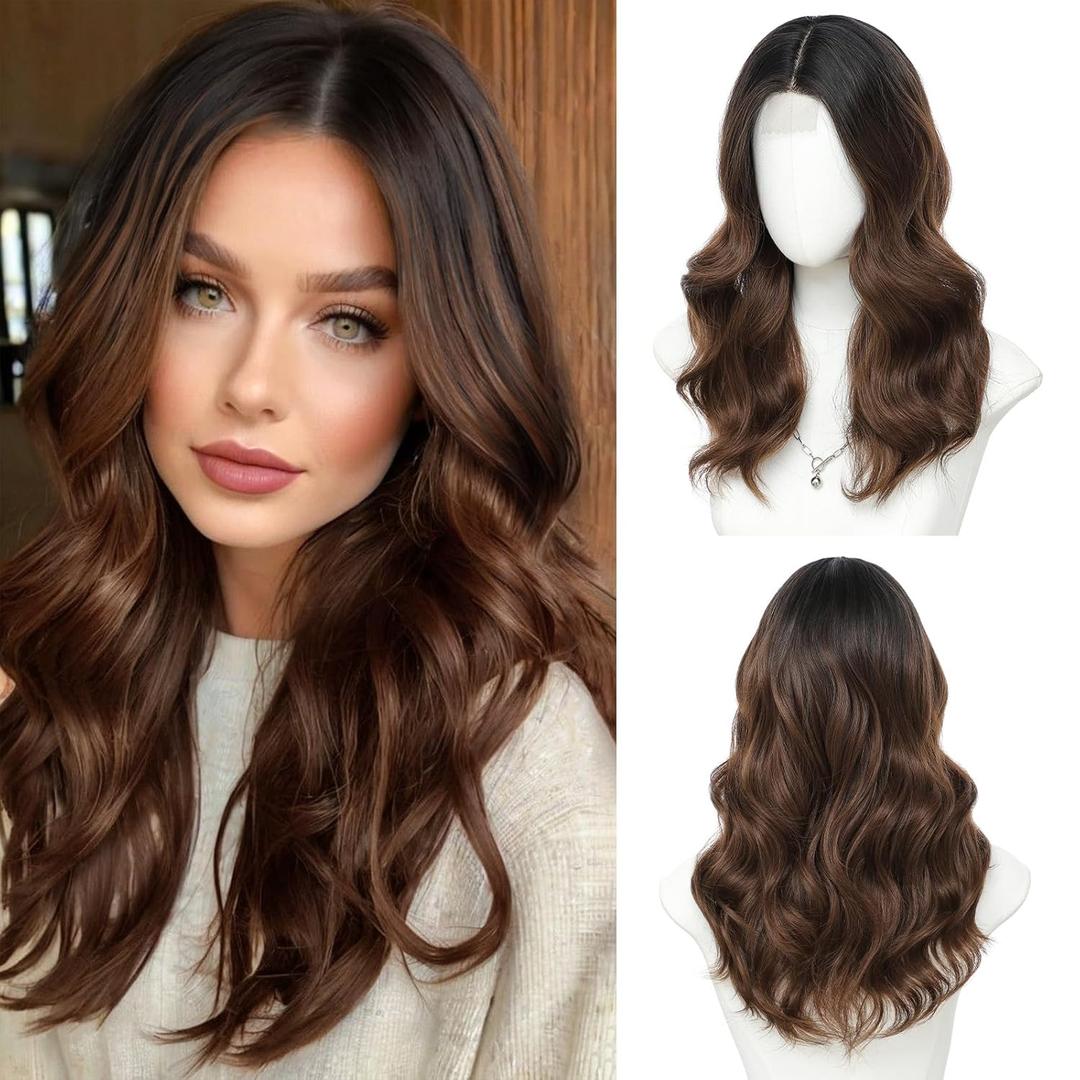 18 Inch Ombre Brown Wig for Women, Middle Part Medium Length Wavy Synthetic Hair Wig, Upgraded Strands Natural Hairline Design for Daily Party Halloween(Ombre Brown,18 Inch)