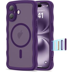 Compatible with iPhone 16 Case 6.1" 2024, Cute Kawaii Curly Wave Frame Shape Shockproof Translucent Matte Protective Magnetic 16 Phone Case for Women Girls, Purple