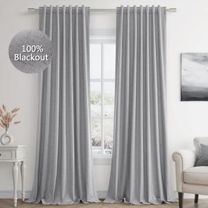 Light Grey Linen Blackout Curtains 108 Inch Length 2 Panels Set for Living Room Bedroom Back Tab Thermal Insulated 100% Black Out Linen Drapes Room Darkening Window Curtains 108 Inches Long