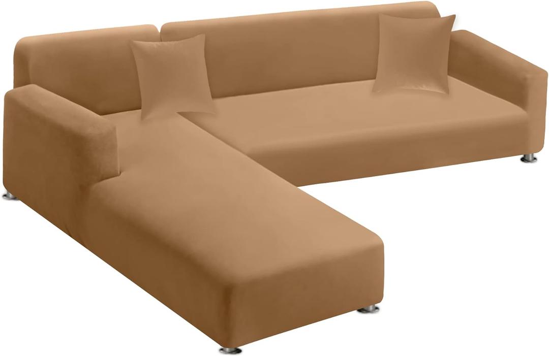 Sectional Couch Covers 2-Piece Softness L Shaped Sofa Cover Super Stretch L-Type Couch Slipcover with 2Pcs Pillowcases Sofa Slipcover 3 Seater + 3 Seater Furniture Protector (Camel)