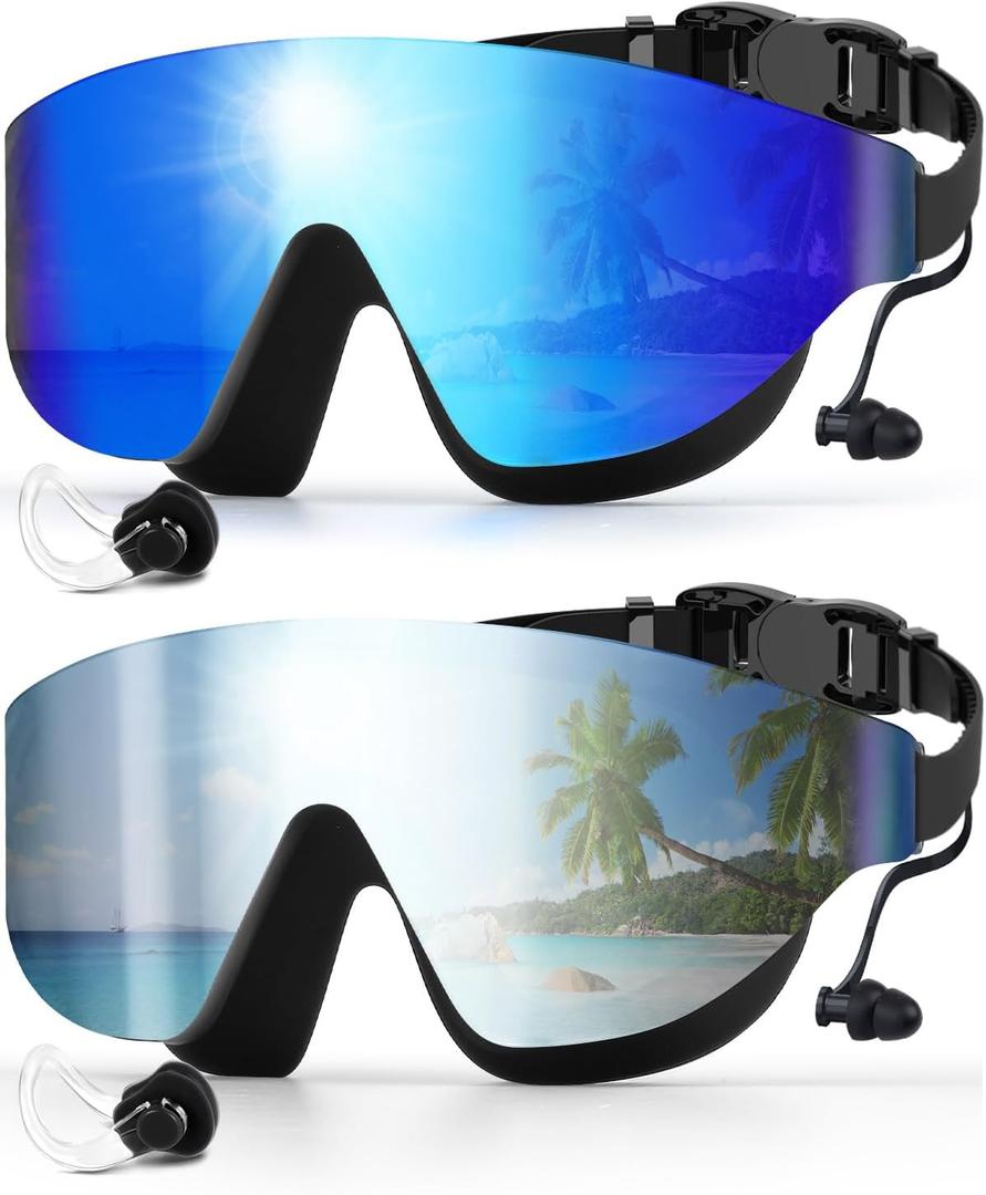Swim Goggles, Frameless Wide View Swimming Goggles, Anti-Fog Anti-UV No Leaking Pool Goggles for Men Women Adult (Blue & Silver)