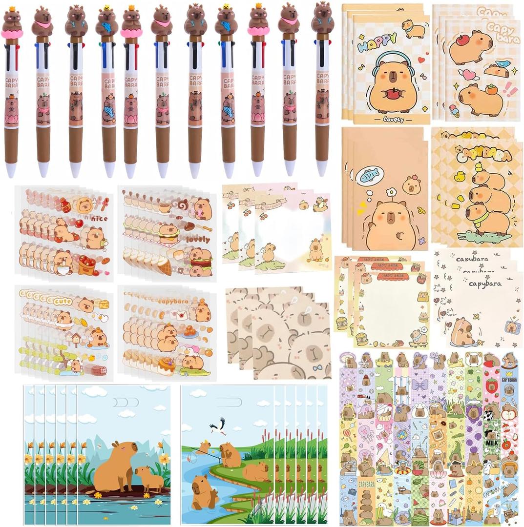 Capybara Stationery Party Gift Supplies with 12 Gift Bags,12 Ballpoint Pens,12 Notebooks,12 Sticky Notes,12 Stickers,30Pcs Bookmarks for Birthday Party Gifts Goodie Bag Fillers School Rewards