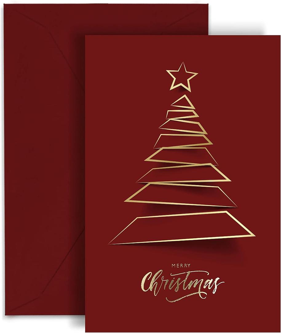 easykart labels 20 Christmas Greeting Cards with Gold Foiling Xmas Tree, 6.75 x 4.5 Size, Dark Red Self Paper with Red Envelope with Seal Stickers For Friends, Family and loved Ones