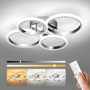 21.3in Chrome Modern LED Ceiling Light Fixture with Remote Control, 3000K-6500K 3-Color Dimming Circle Modern Ceiling Lamp Bedroom Kitchen Living Room Dining Room (4 Ring Chrome)