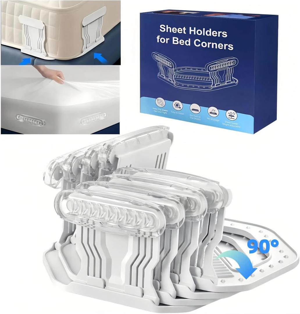 4Pcs Bed Sheet Holders for - Foldable, No-Slip Sheet Locks to Keep Sheets Firmly in Place - No More Loose Sheets Universal Fit, Easy to Install (White)