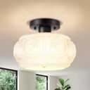 Semi Flush Mount Ceiling Light, Milk Glass Shade Modern Ceiling Light Fixture, Vintage Black Lighting for Hallway Bedroom Entryway Kitchen Porch (9.38 inch)