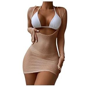 GORGLITTER Women's Crochet Bikini Cover Up Dresses Long Sleeve Beach Bathing Suit Swimsuit Coverups Dress Summer 2025 Brown Small