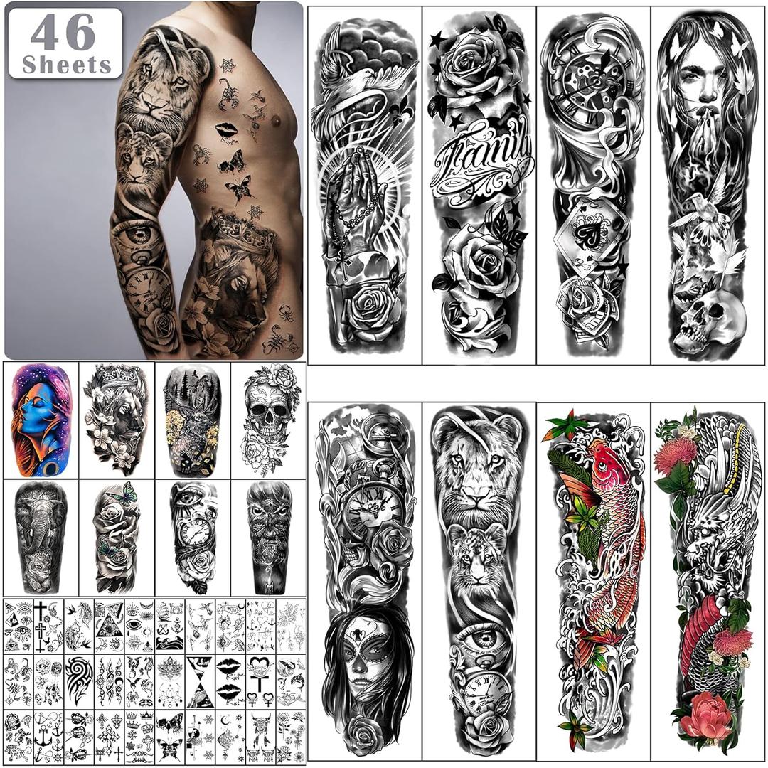 Extra Large Full Arm Waterproof Temporary Tattoos 8 Sheets and Half Arm Shoulder Tattoo 8 Sheets, Tiny 30sheets Lasting Tattoo Stickers for Girls Adult Women or Men (Total 46 sheets) (Black)