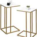 C Shaped End Table Set of 2, Small Side Table for Sofa and Bed, Couch Tables That Slide Under, Snack Side Table for Living Room, Bedroom, White Faux Marble and Gold