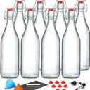 8 Pack [1 L / 33 fl. oz.] Swing Top Glass Bottles w/ Airtight Stopper Lids  Flip Top Brewing Bottle for Fermentation, Kombucha, Mead, Vinegar, Beer, Kefir, Wine, Soda  With 8 Extra Seals & 2 Pourers